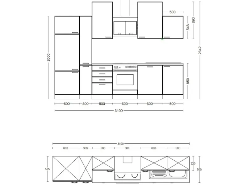 Online Küchenzeile Capri 310 cm Schwarz Matt-Endgrain Oak Einbauküchen|Kühlschränke