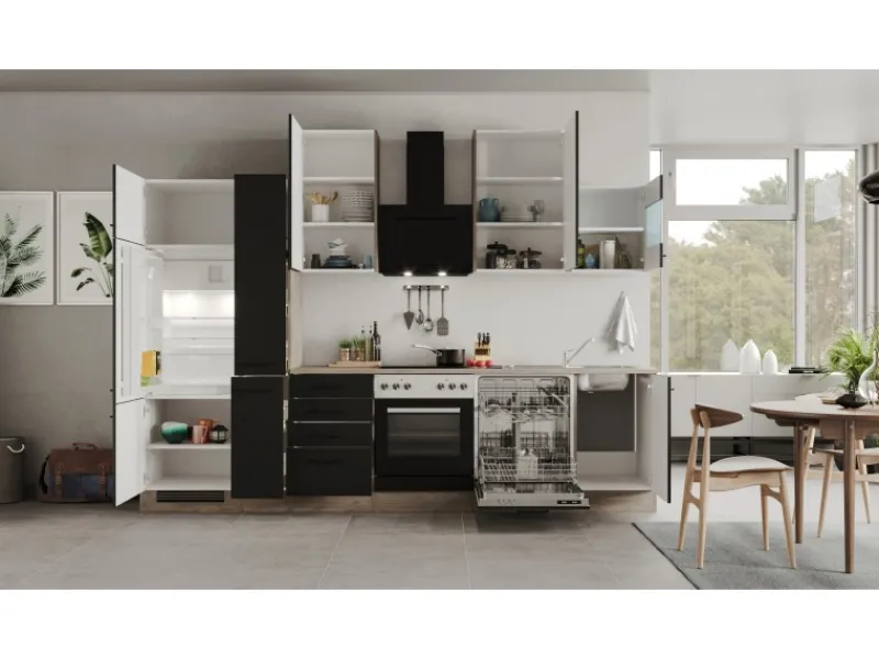 Online Küchenzeile Capri 310 cm Schwarz Matt-Endgrain Oak Einbauküchen|Kühlschränke