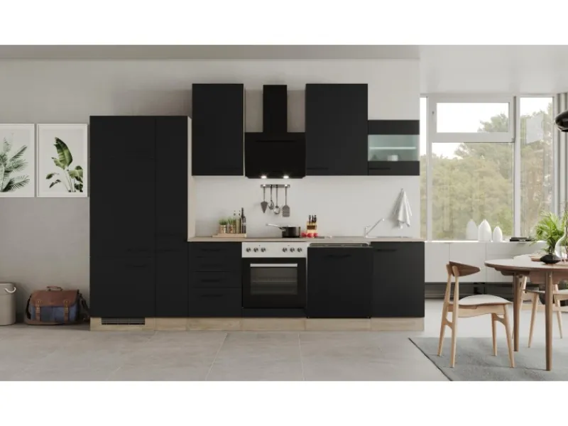 Online Küchenzeile Capri 310 cm Schwarz Matt-Endgrain Oak Einbauküchen|Kühlschränke