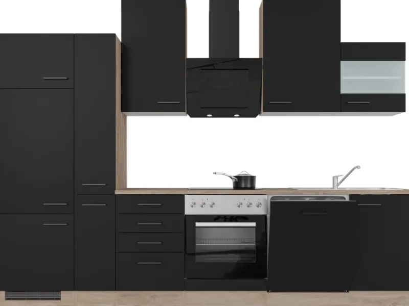 Online Küchenzeile Capri 310 cm Schwarz Matt-Endgrain Oak Einbauküchen|Kühlschränke