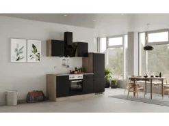 Best Küchenzeile Capri 220 cm Schwarz Matt-Endgrain Oak Einbauküchen|Kühlschränke