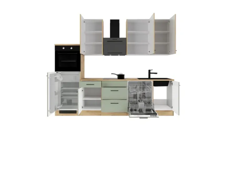Flex-Well Exclusiv Einbauküchen<Küchenzeile Cara 280 cm Schilfgrün matt - Artisan Eiche