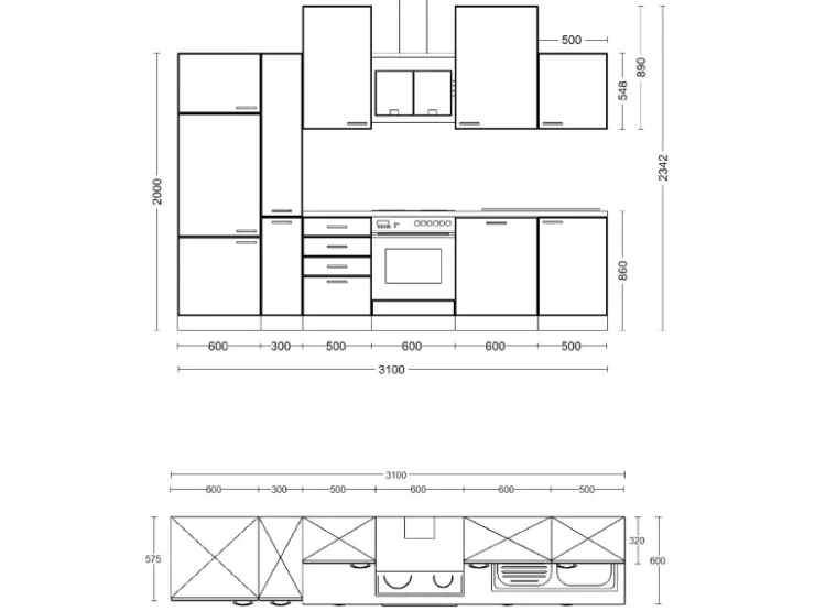 Flex-Well Exclusiv Einbauküchen|Kochfelder<Küchenzeile Joelina 310 cm Weiß matt - Beton Grau