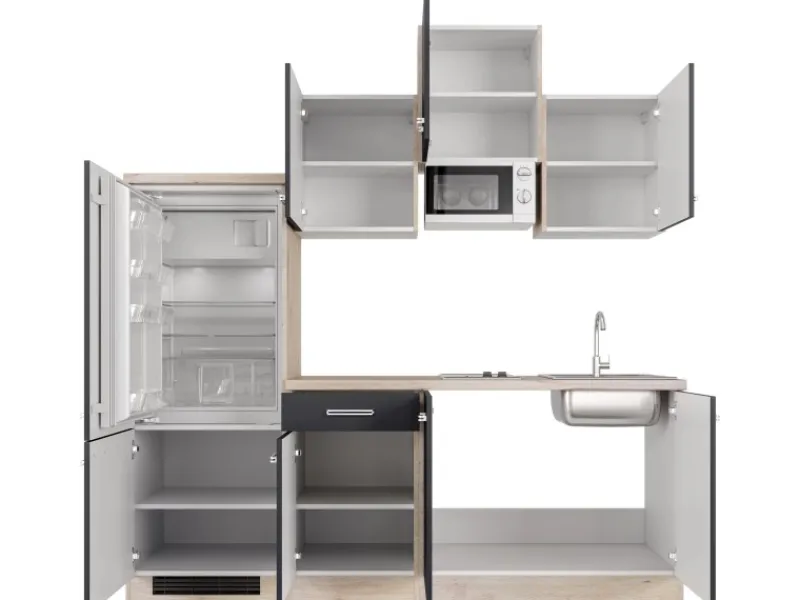Clearance Küchenzeile Lara 210 cm Anthrazit - San Remo Eiche Single-Küchen|Kochfelder