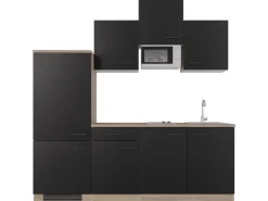 Best Küchenzeile Capri 210 cm Schwarz Matt-Endgrain Oak Single-Küchen|Kochfelder