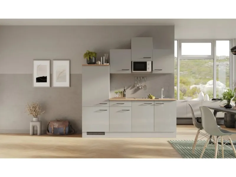 Hot Küchenzeile 1602-002 Lund 210 cm Lichtgrau glänzend-Rauchgrau Single-Küchen|Kochfelder