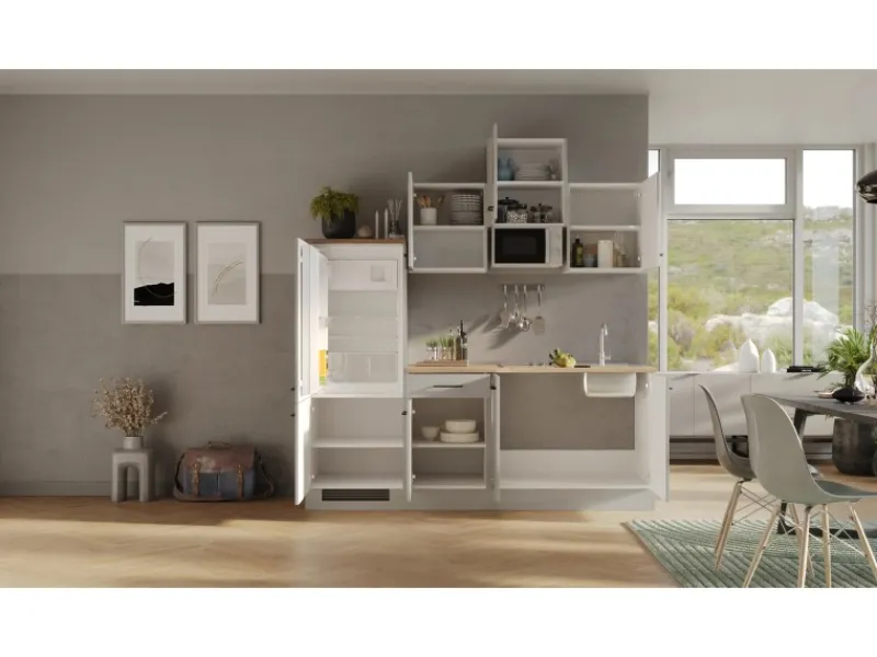 Hot Küchenzeile 1602-002 Lund 210 cm Lichtgrau glänzend-Rauchgrau Single-Küchen|Kochfelder