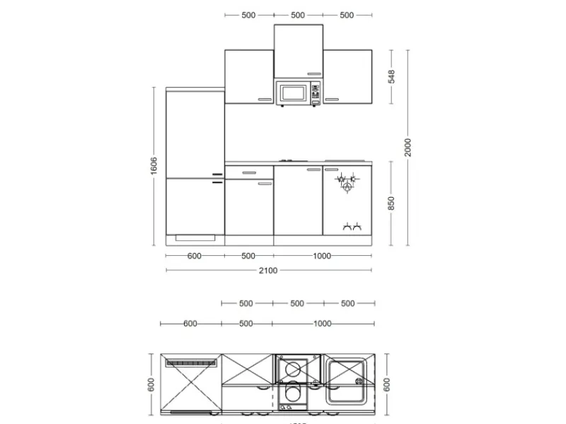 Hot Küchenzeile 1602-002 Lund 210 cm Lichtgrau glänzend-Rauchgrau Single-Küchen|Kochfelder