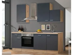 Flex-Well Exclusiv Winkelküchen|Einbauküchen<Küchenzeile Morena 220 cm Basaltgrau Matt - San Remo Eiche