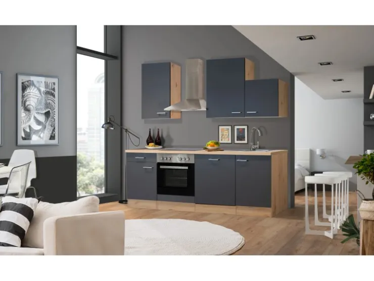 Flex-Well Exclusiv Winkelküchen|Einbauküchen<Küchenzeile Morena 220 cm Basaltgrau Matt - San Remo Eiche