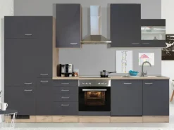 Outlet Küchenzeile Morena 310 cm Basaltgrau matt-San Remo Eiche hell Einbauküchen|Küchenschränke