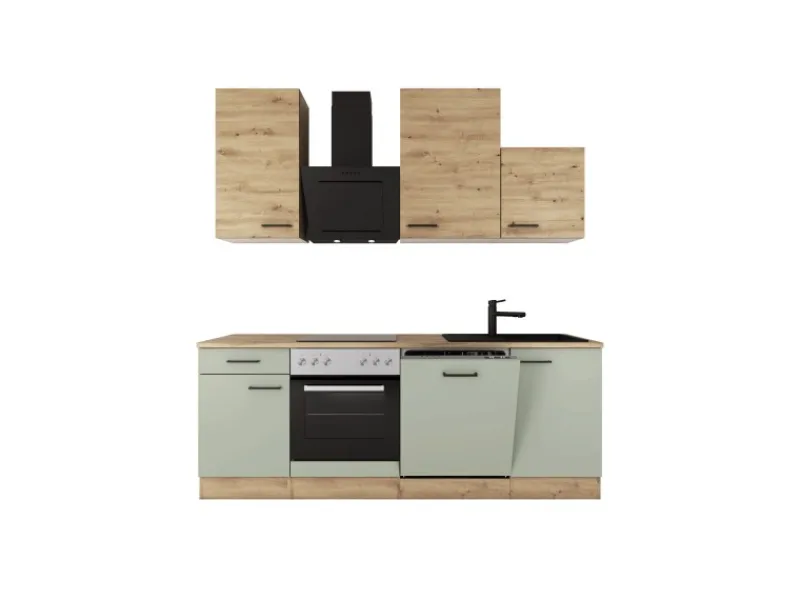 Clearance Küche 1701-017sWS Cara 220 cm Schilfgrün matt - Artisan Eiche Einbauküchen