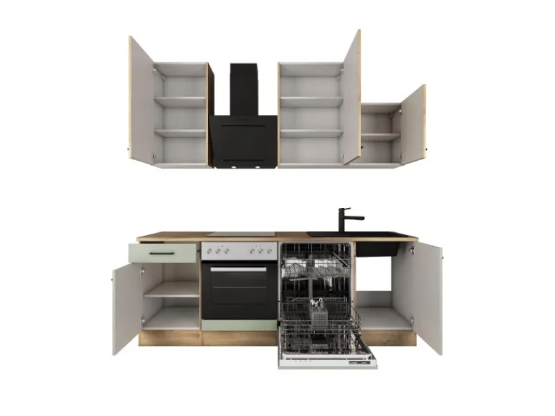 Clearance Küche 1701-017sWS Cara 220 cm Schilfgrün matt - Artisan Eiche Einbauküchen