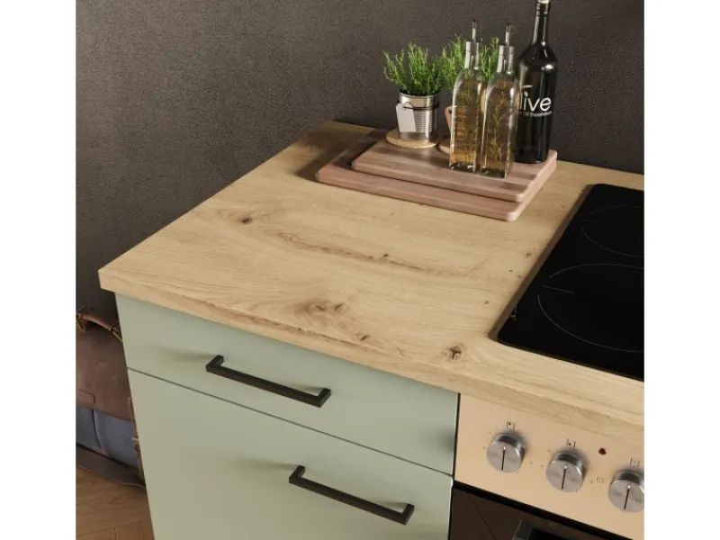 Clearance Küche 1701-017sWS Cara 220 cm Schilfgrün matt - Artisan Eiche Einbauküchen