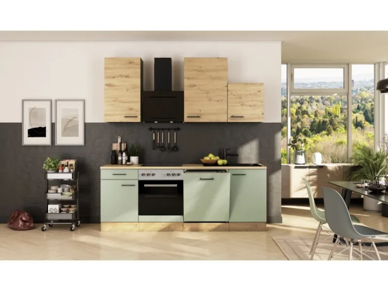 Clearance Küche 1701-017sWS Cara 220 cm Schilfgrün matt - Artisan Eiche Einbauküchen