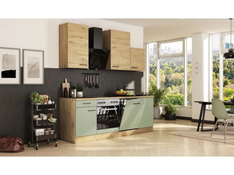 Clearance Küche 1701-017sWS Cara 220 cm Schilfgrün matt - Artisan Eiche Einbauküchen
