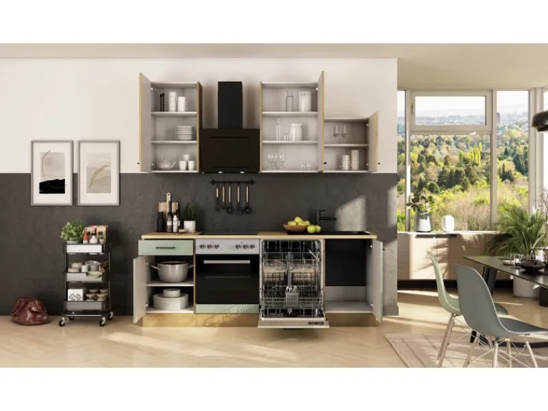 Clearance Küche 1701-017sWS Cara 220 cm Schilfgrün matt - Artisan Eiche Einbauküchen