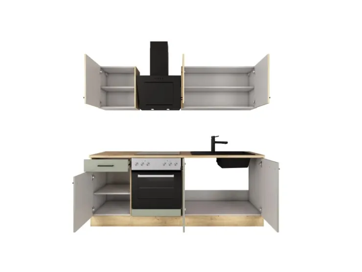 Flex-Well Exclusiv Einbauküchen<Küche 1601-005sWs Cara 210 cm Schilfgrün matt - Artisan Eiche