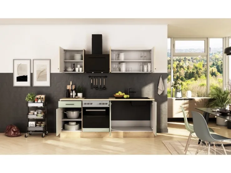Flex-Well Exclusiv Einbauküchen<Küche 1601-005sWs Cara 210 cm Schilfgrün matt - Artisan Eiche