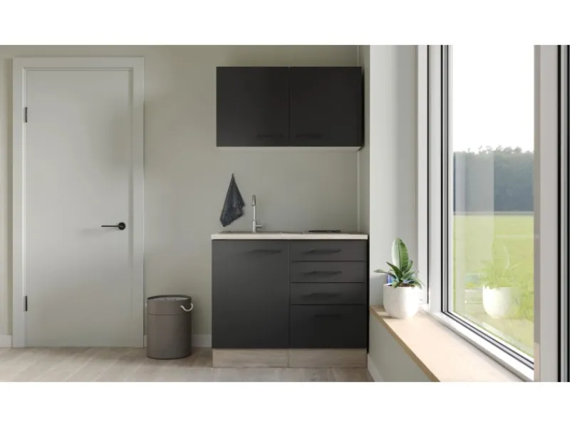 Online Miniküche Capri 100 cm Schwarz Matt-Endgrain Oak Pantryküchen|Miniküchen