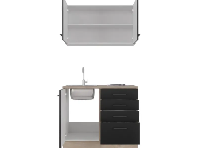 Online Miniküche Capri 100 cm Schwarz Matt-Endgrain Oak Pantryküchen|Miniküchen