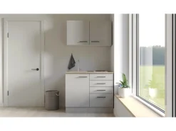 Clearance Miniküche Lund 100 cm Lichtgrau glänzend-Rauchgrau Single-Küchen|Miniküchen