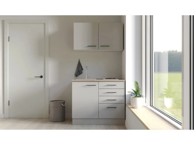 Clearance Miniküche Lund 100 cm Lichtgrau glänzend-Rauchgrau Single-Küchen|Miniküchen