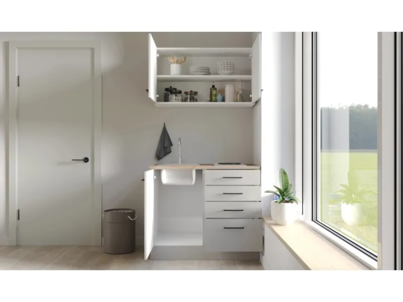 Clearance Miniküche Lund 100 cm Lichtgrau glänzend-Rauchgrau Single-Küchen|Miniküchen
