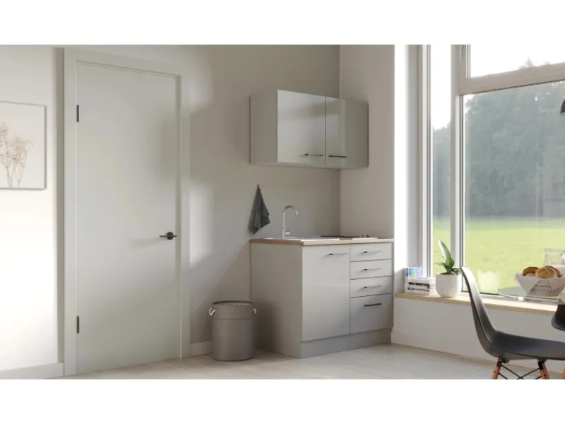 Clearance Miniküche Lund 100 cm Lichtgrau glänzend-Rauchgrau Single-Küchen|Miniküchen