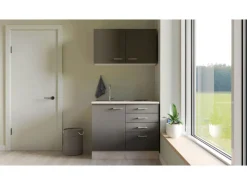 Outlet Miniküche Morena 100 cm Basaltgrau matt - San Remo Eiche Miniküchen|Kühlschränke