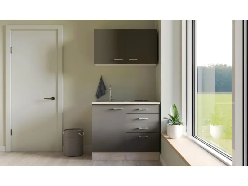Outlet Miniküche Morena 100 cm Basaltgrau matt - San Remo Eiche Miniküchen|Kühlschränke