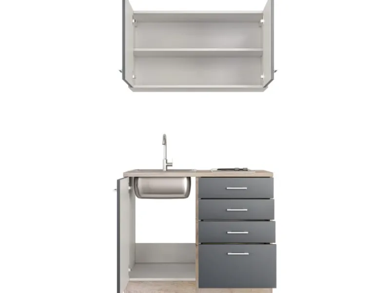 Outlet Miniküche Morena 100 cm Basaltgrau matt - San Remo Eiche Miniküchen|Kühlschränke