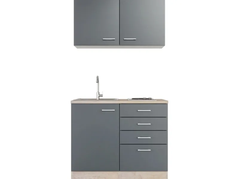 Outlet Miniküche Morena 100 cm Basaltgrau matt - San Remo Eiche Miniküchen|Kühlschränke