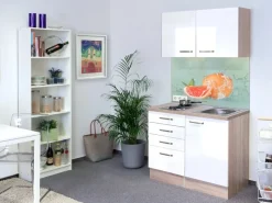 Hot Miniküche Valero 100 cm Hochglanz Weiß-Sonoma Eiche Miniküchen|Pantryküchen