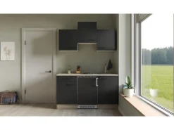 Outlet Singleküche Capri 150 cm Schwarz Matt-Endgrain Oak Single-Küchen|Pantryküchen