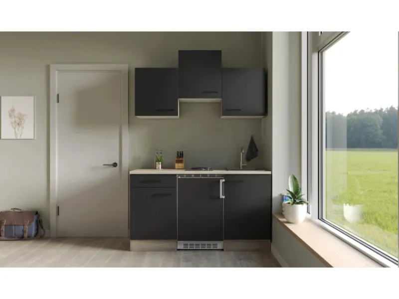 Outlet Singleküche Capri 150 cm Schwarz Matt-Endgrain Oak Single-Küchen|Pantryküchen