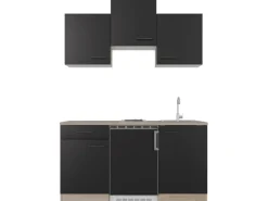 Outlet Singleküche Capri 150 cm Schwarz Matt-Endgrain Oak Single-Küchen|Pantryküchen