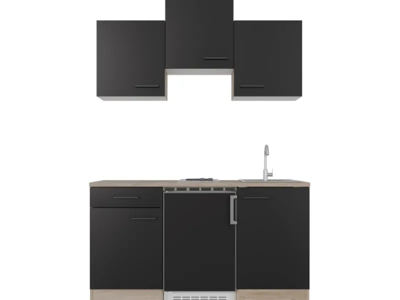 Outlet Singleküche Capri 150 cm Schwarz Matt-Endgrain Oak Single-Küchen|Pantryküchen