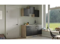 Outlet Singleküche Capri 150 cm Schwarz Matt-Endgrain Oak Single-Küchen|Pantryküchen