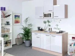 Discount Singleküche Valero 150 cm breit Hochglanz Weiß-Sonoma Eiche Single-Küchen|Pantryküchen