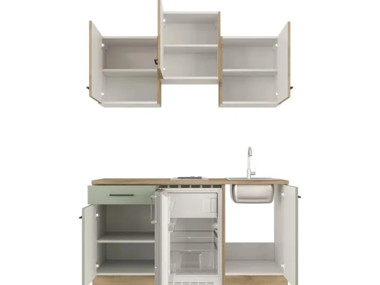 Flex-Well Exclusiv Single-Küchen|Pantryküchen<Singleküche Cara 150 cm Schilfgrün matt - Artisan Eiche