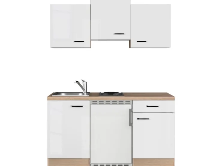 Flex-Well Exclusiv Singleküche Valero 150 cm Hochglanz Weiß - Sonoma Eiche
