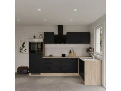 Outlet Winkelküche Capri 280 x 170 cm Schwarz Matt-Endgrain Oak Winkelküchen|Kochfelder