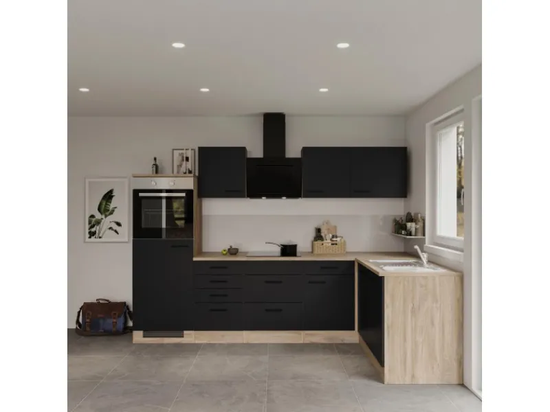 Outlet Winkelküche Capri 280 x 170 cm Schwarz Matt-Endgrain Oak Winkelküchen|Kochfelder