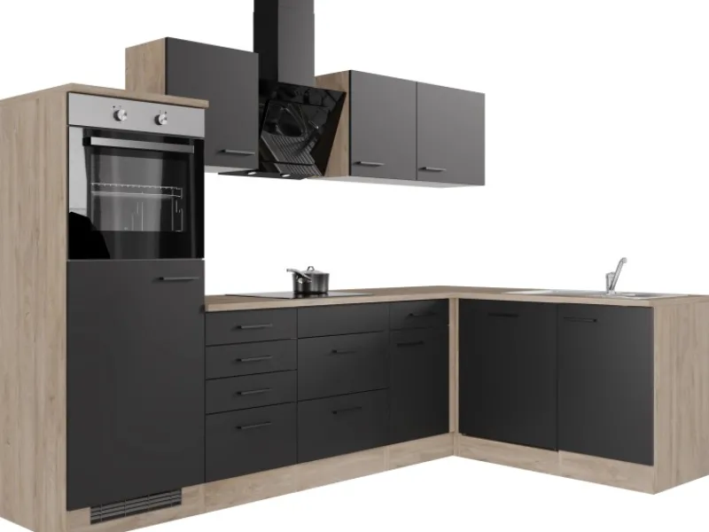 Outlet Winkelküche Capri 280 x 170 cm Schwarz Matt-Endgrain Oak Winkelküchen|Kochfelder