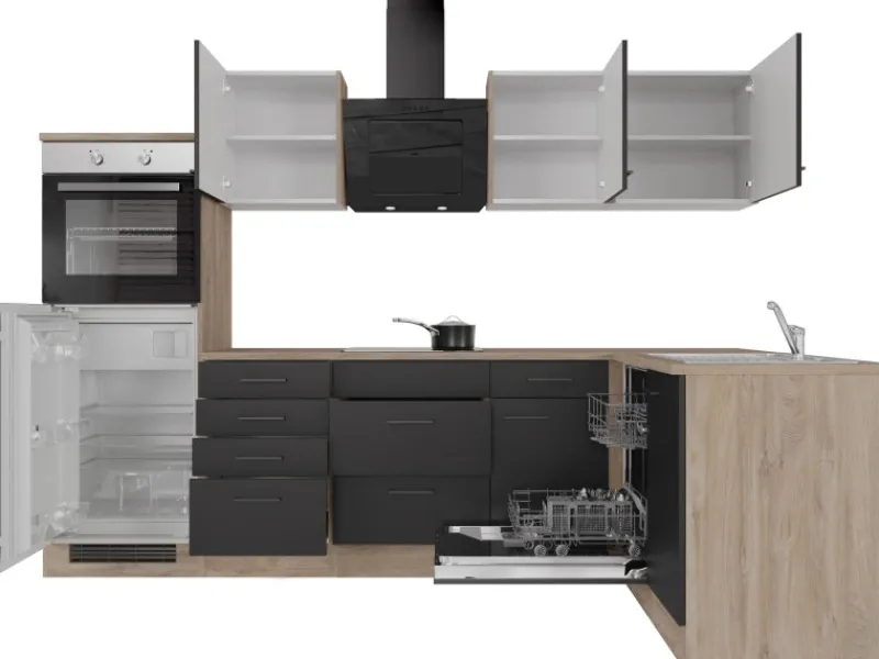 Outlet Winkelküche Capri 280 x 170 cm Schwarz Matt-Endgrain Oak Winkelküchen|Kochfelder