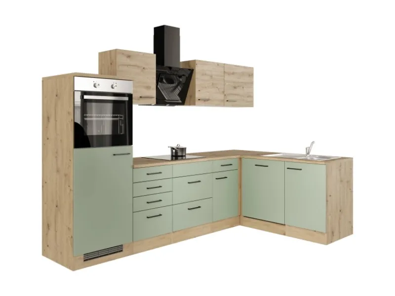 Clearance Winkelküche Cara 280 x 170 cm Schilfgrün matt - Artisan Eiche Winkelküchen|Einbauküchen