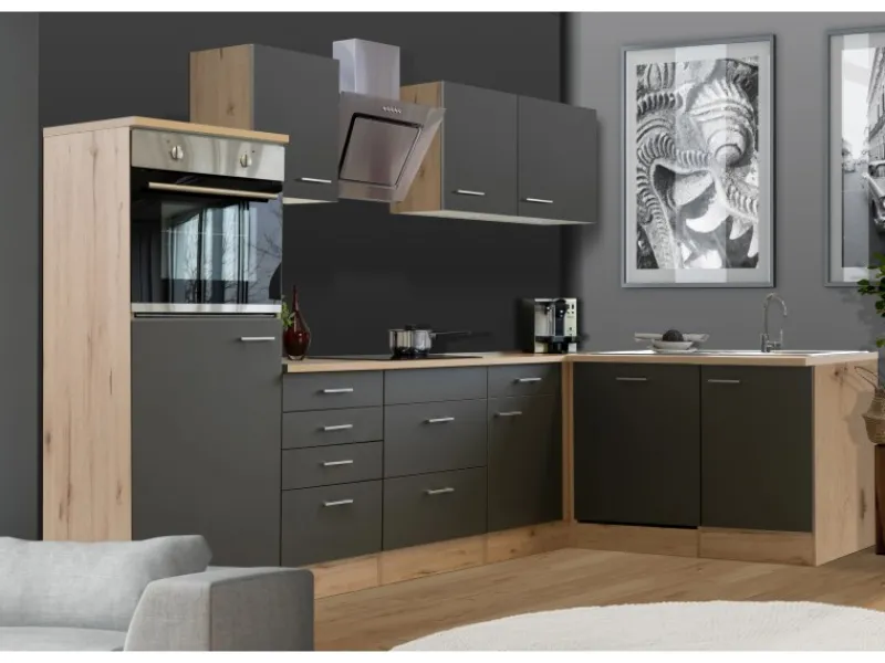Outlet Winkelküche Morena 280x170 cm Basaltgrau Matt-San Remo Eiche Winkelküchen|Einbauküchen