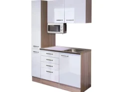 Clearance Flex-Well Singleküche 130 cm Valero Hochglanz Weiß-Sonoma Eiche Single-Küchen|Miniküchen