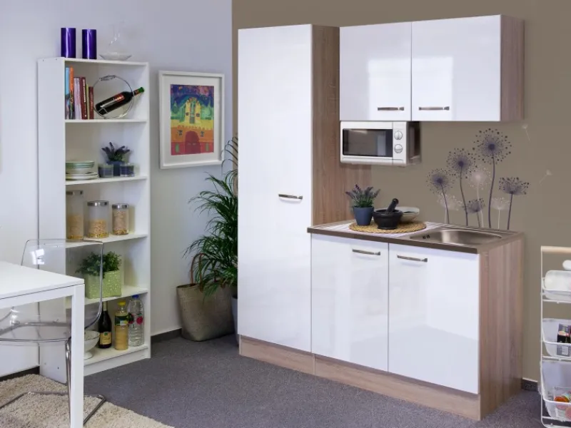 Best Flex-Well Singleküche 150 cm Valero Hochglanz Weiß-Sonoma Eiche Single-Küchen|Pantryküchen
